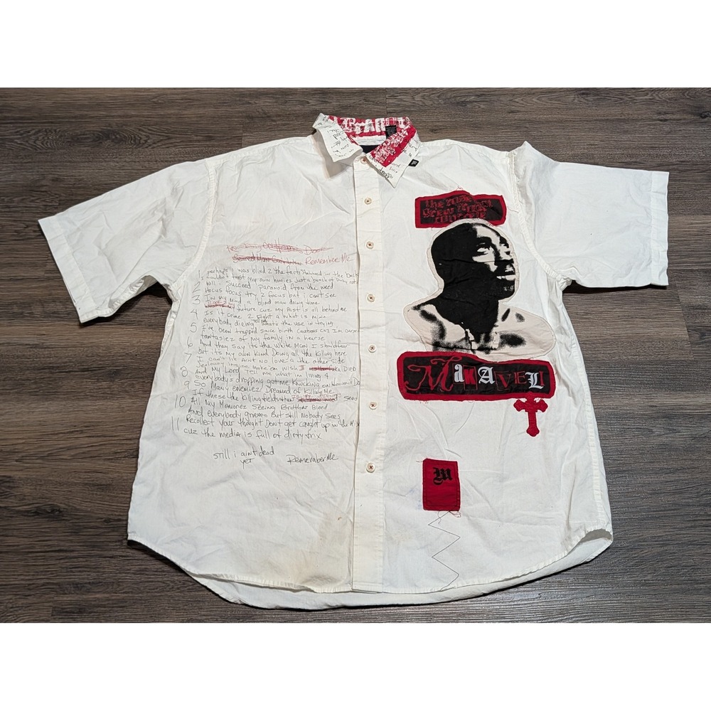 Makaveli Branded 2Pac Tupac Shakur Graphic Button Down Shirt White Mens Large
